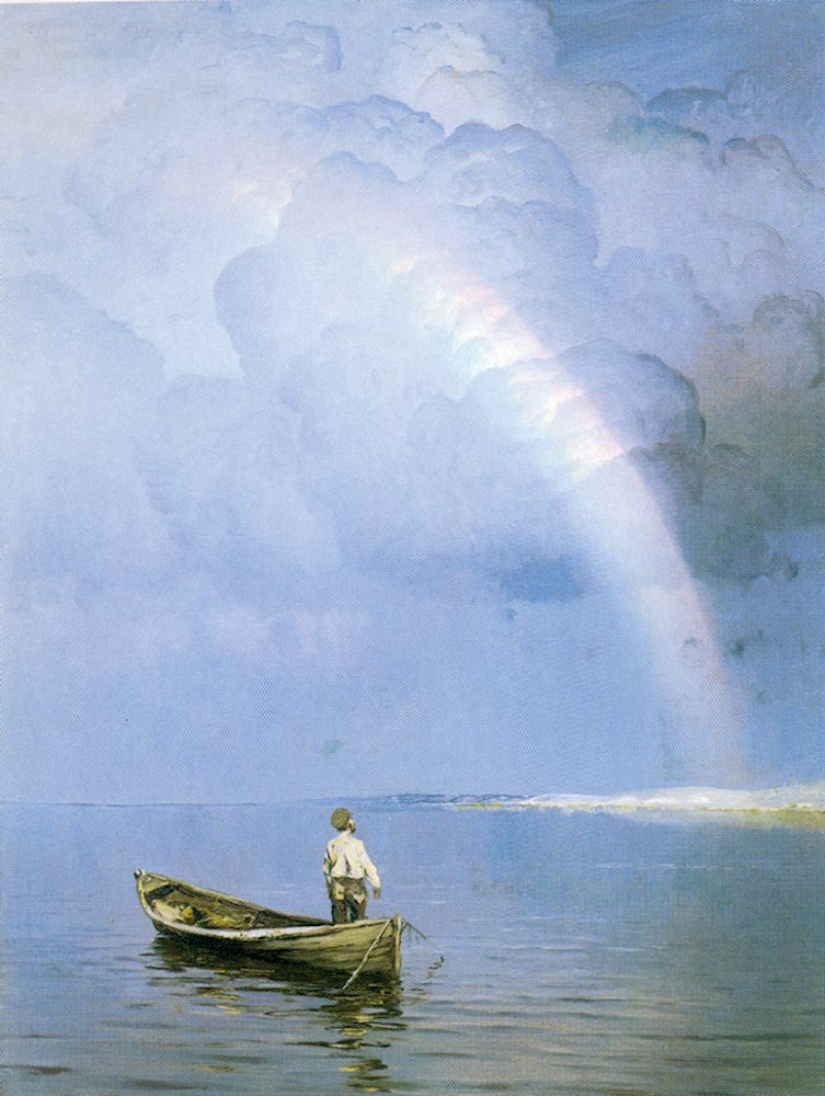 painting of a person on a rowboat looking at a rainbow in the sky